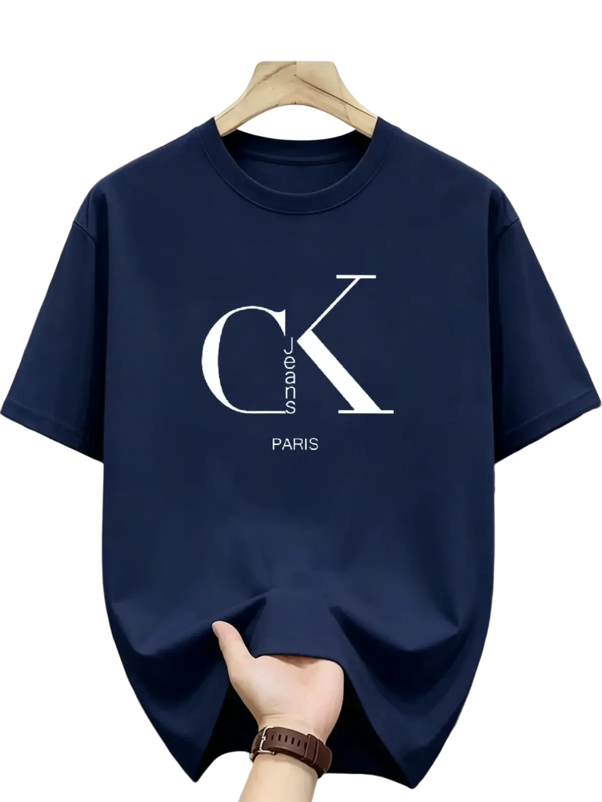 Mens navy blue Calvin Klein cotton t-shirt with white CK logo and Paris text casual streetwear tee front view