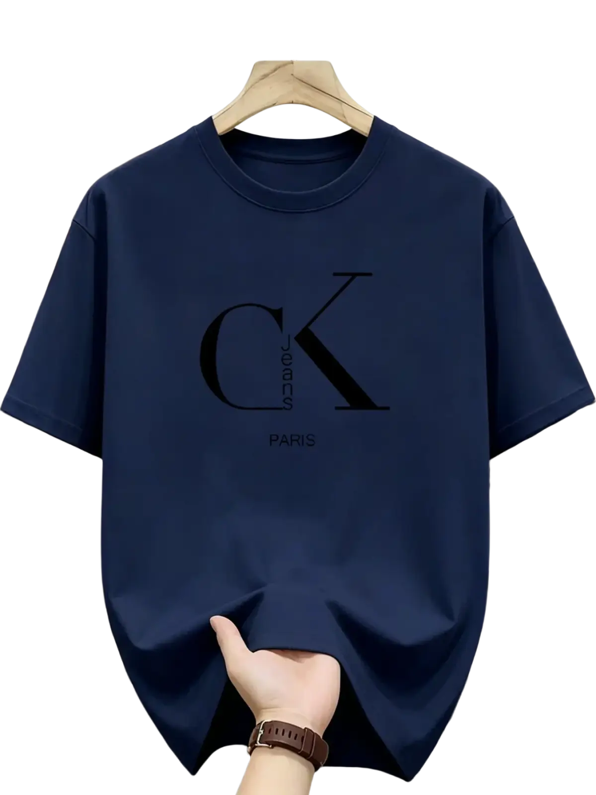Navy blue calvin klein paris mens casual short-sleeve t-shirt with black ck logo and paris text for streetwear