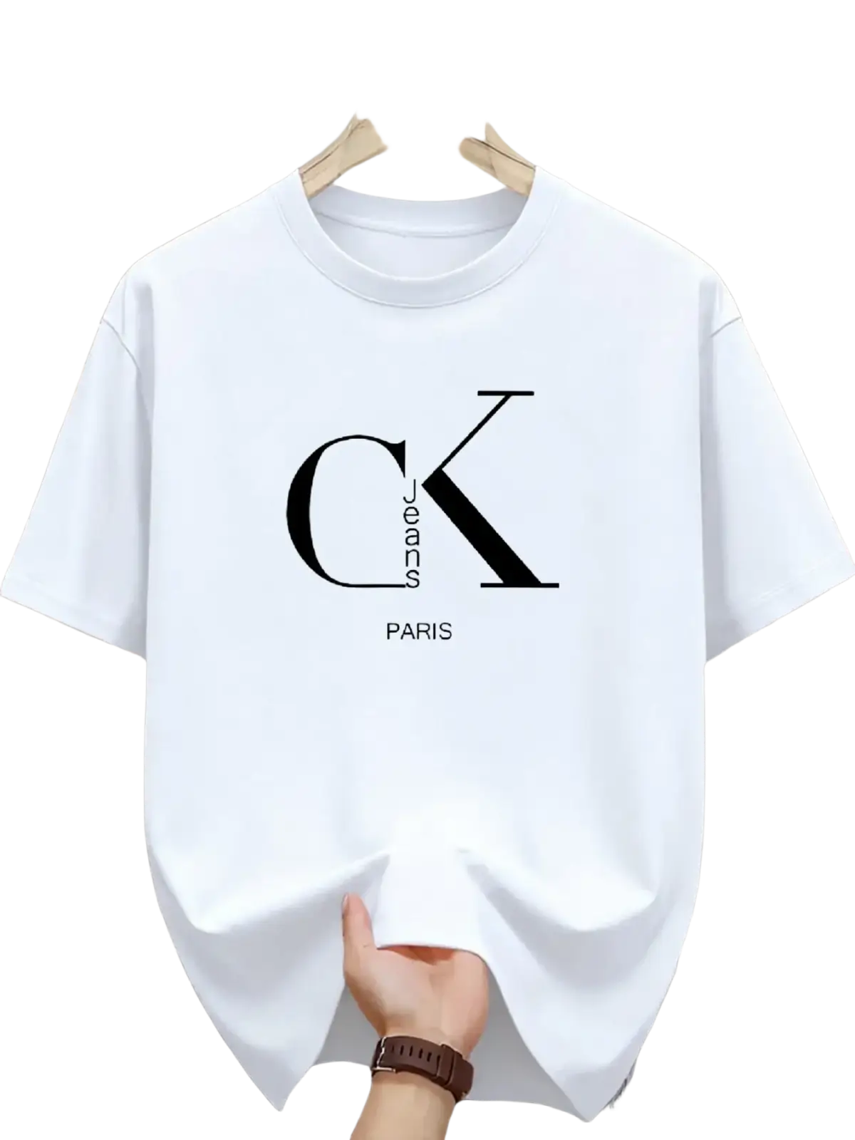 Mens funny letter printed casual streetwear tee in white with black ck logo and paris text for casual wear