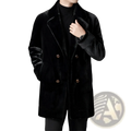 Men’s black faux fur shearling double-breasted winter coat with gold-toned buttons for cold weather use