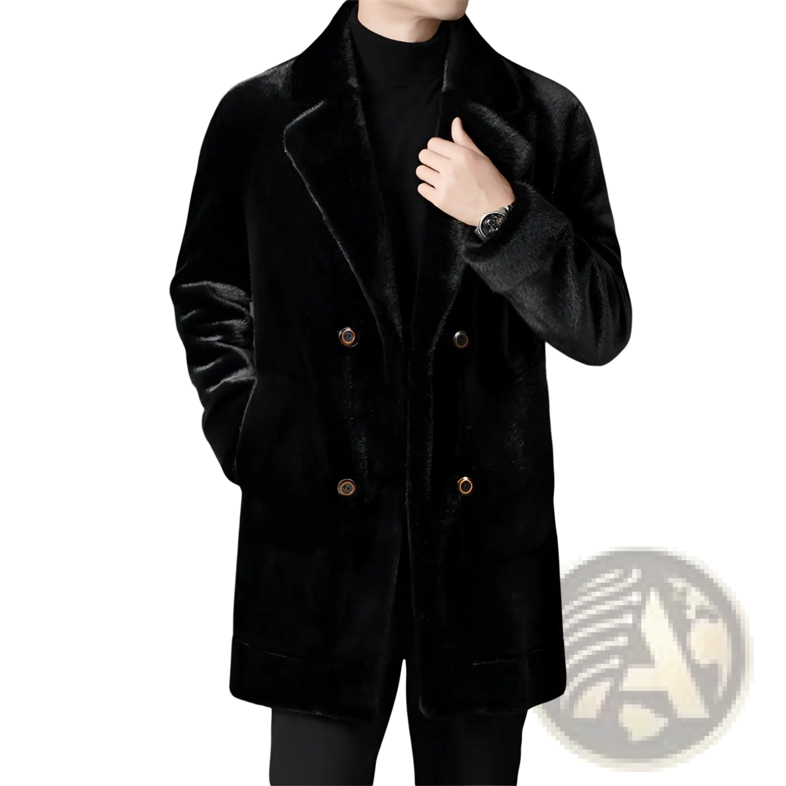 Men’s black faux fur shearling double-breasted winter coat with gold-toned buttons for cold weather use