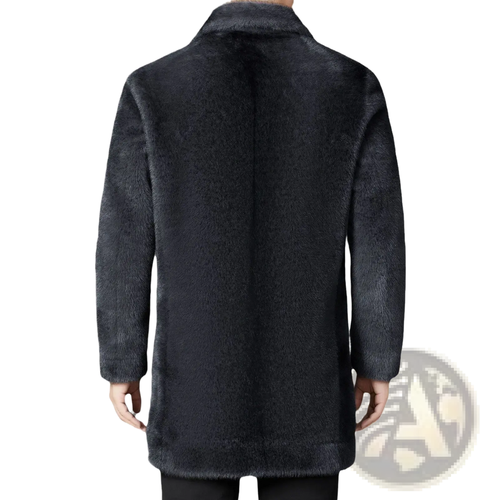 Men’s furs shearling double breasted winter coat in black faux fur with a plush textured surface and classic collar