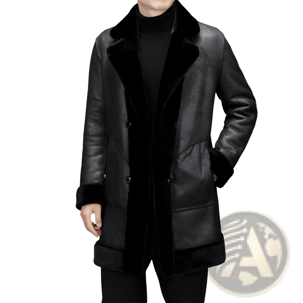 Men’s furs shearling double breasted winter coat in black with plush fur collar and cuffs for cold weather use