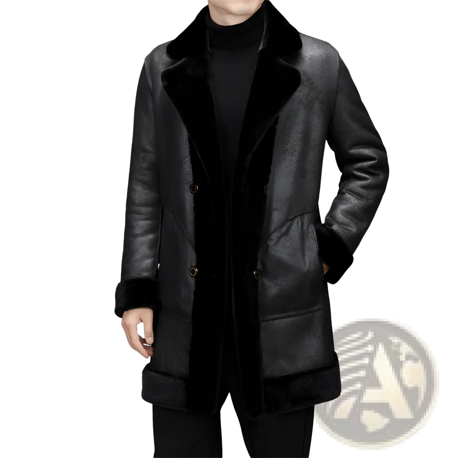 Men’s furs shearling double breasted winter coat in black with plush fur collar and cuffs for cold weather use