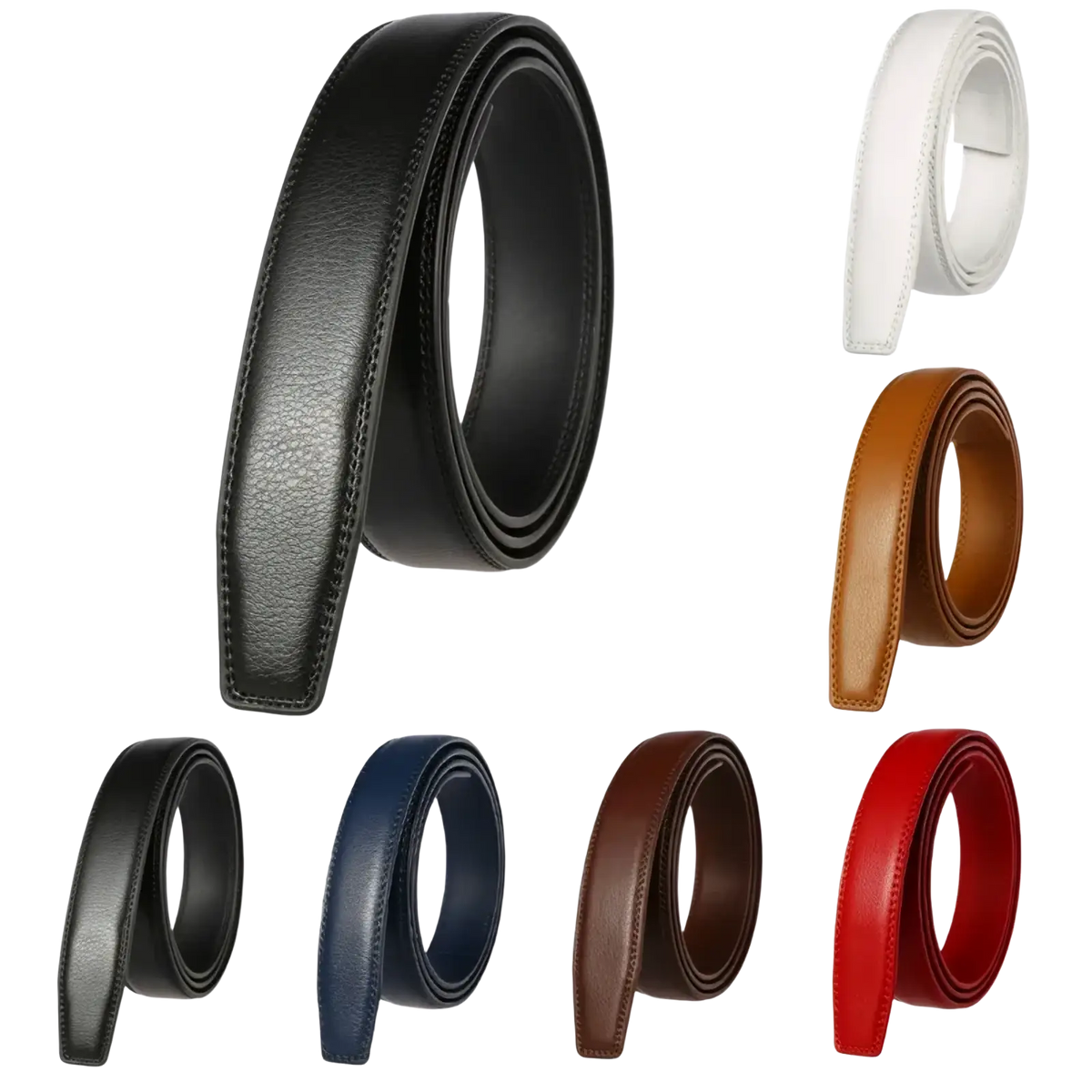 Black genuine leather mens belt strap 3.1cm with textured surface and visible edge stitching