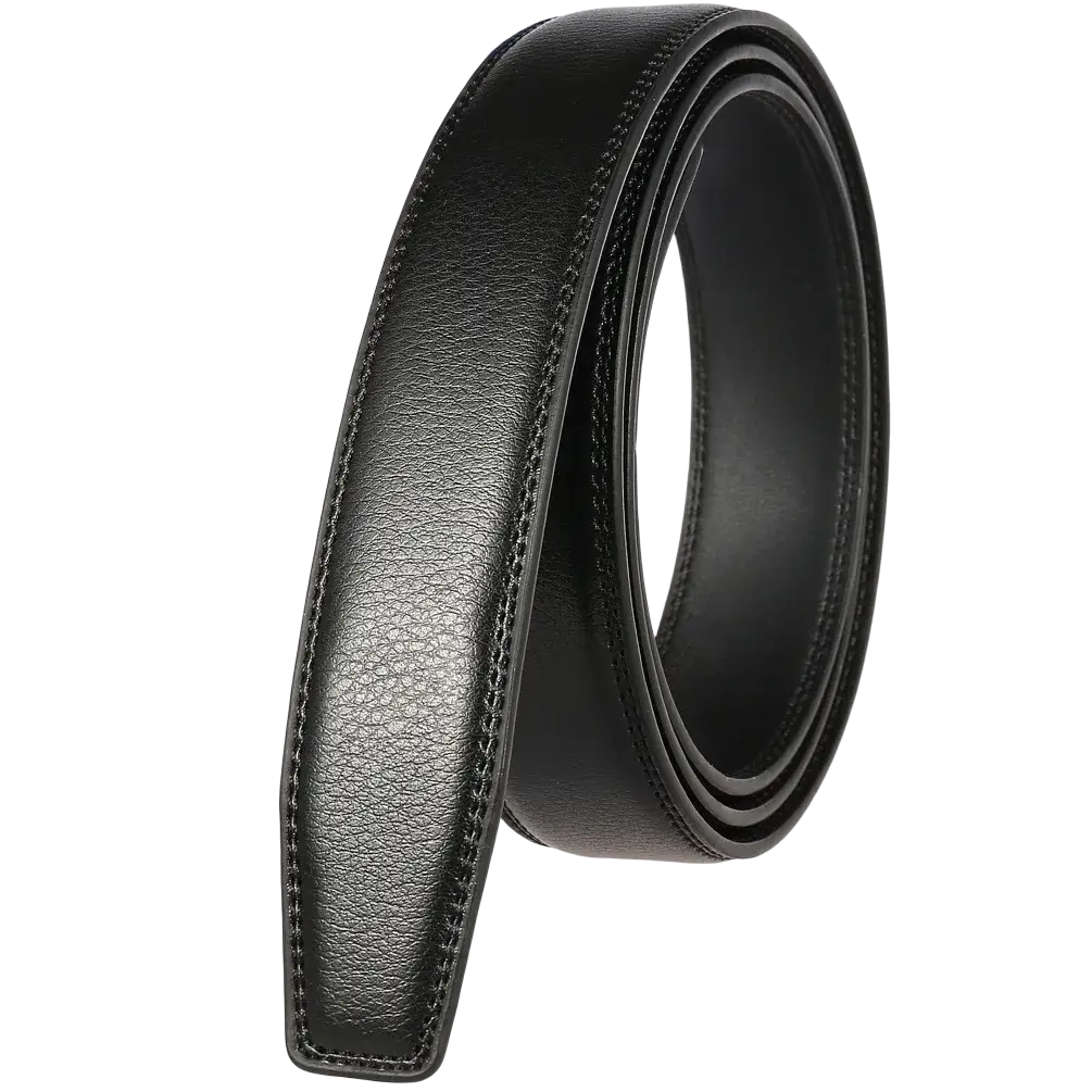 Black genuine leather mens belt strap 3.1cm with smooth pebbled texture and precise edge stitching