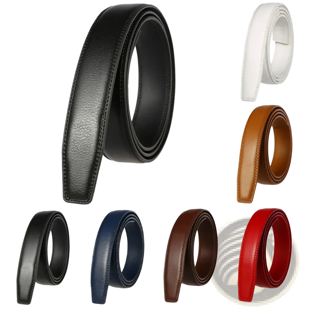 Black genuine leather mens belt strap 3.1cm with textured surface and visible edge stitching