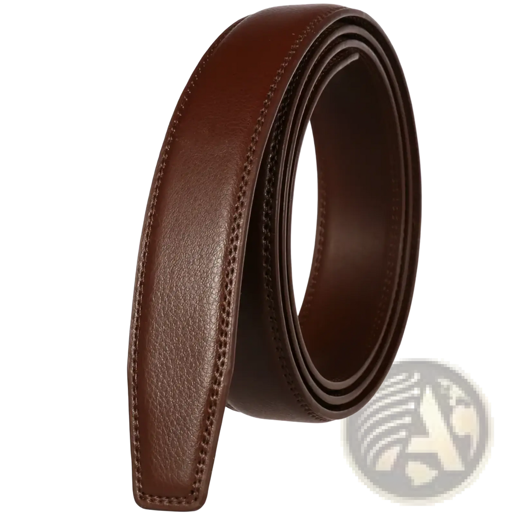A coiled mens genuine leather belt strap 3.1cm in brown with visible stitching along the edges