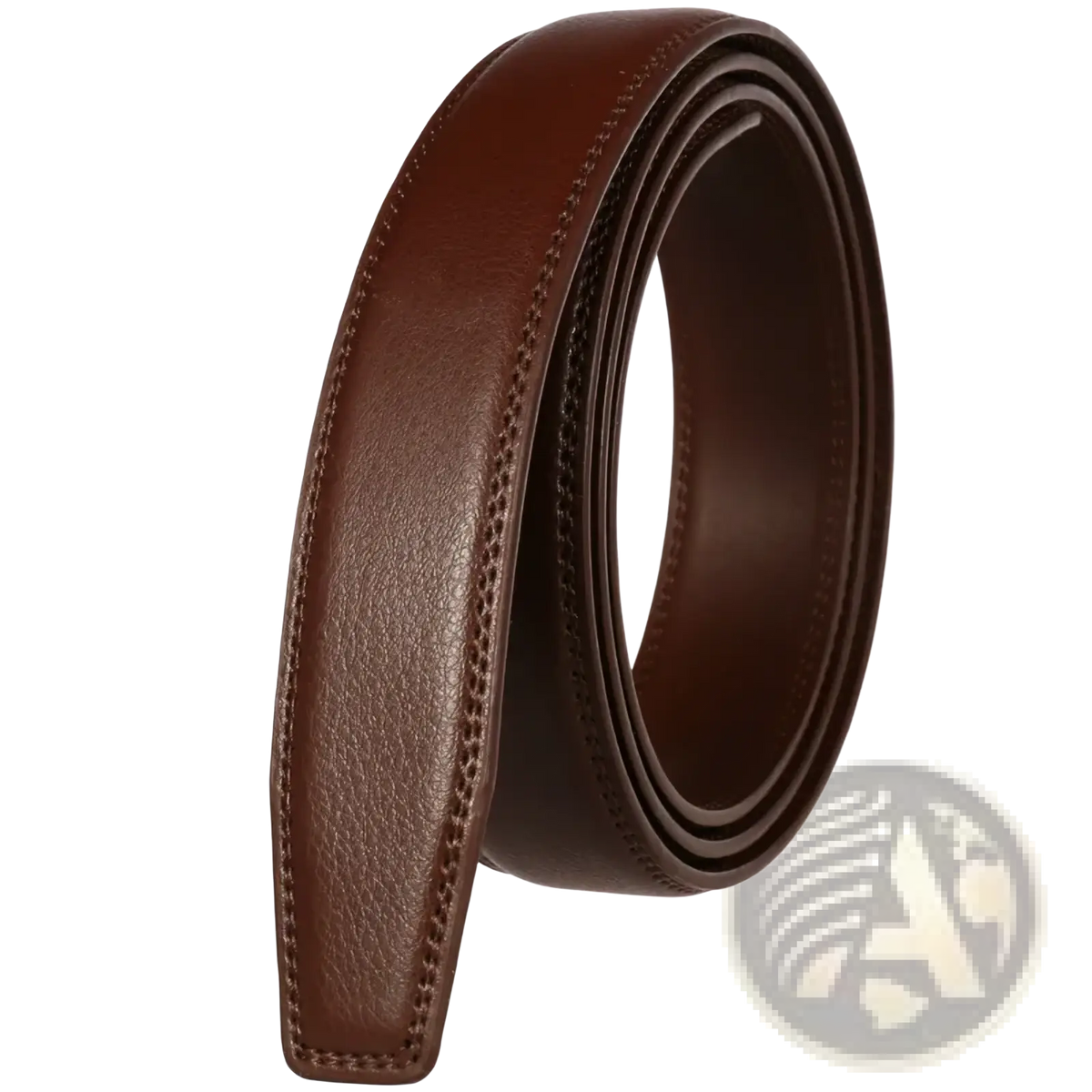 A coiled mens genuine leather belt strap 3.1cm in brown with visible stitching along the edges