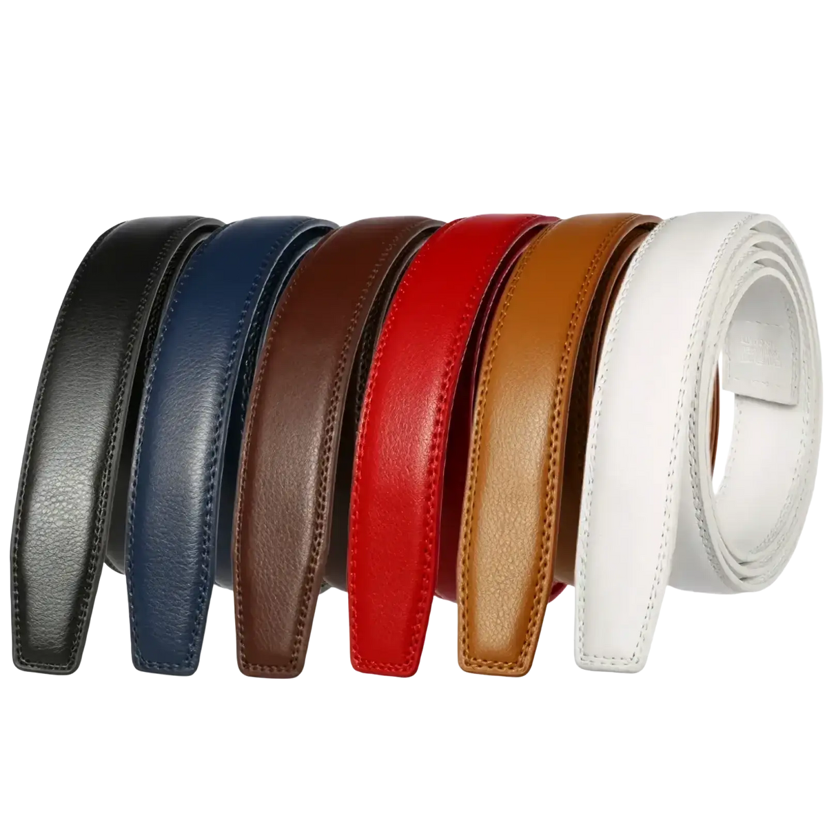 A collection of six genuine leather belt straps in black navy blue brown red tan and white for mens leather belts