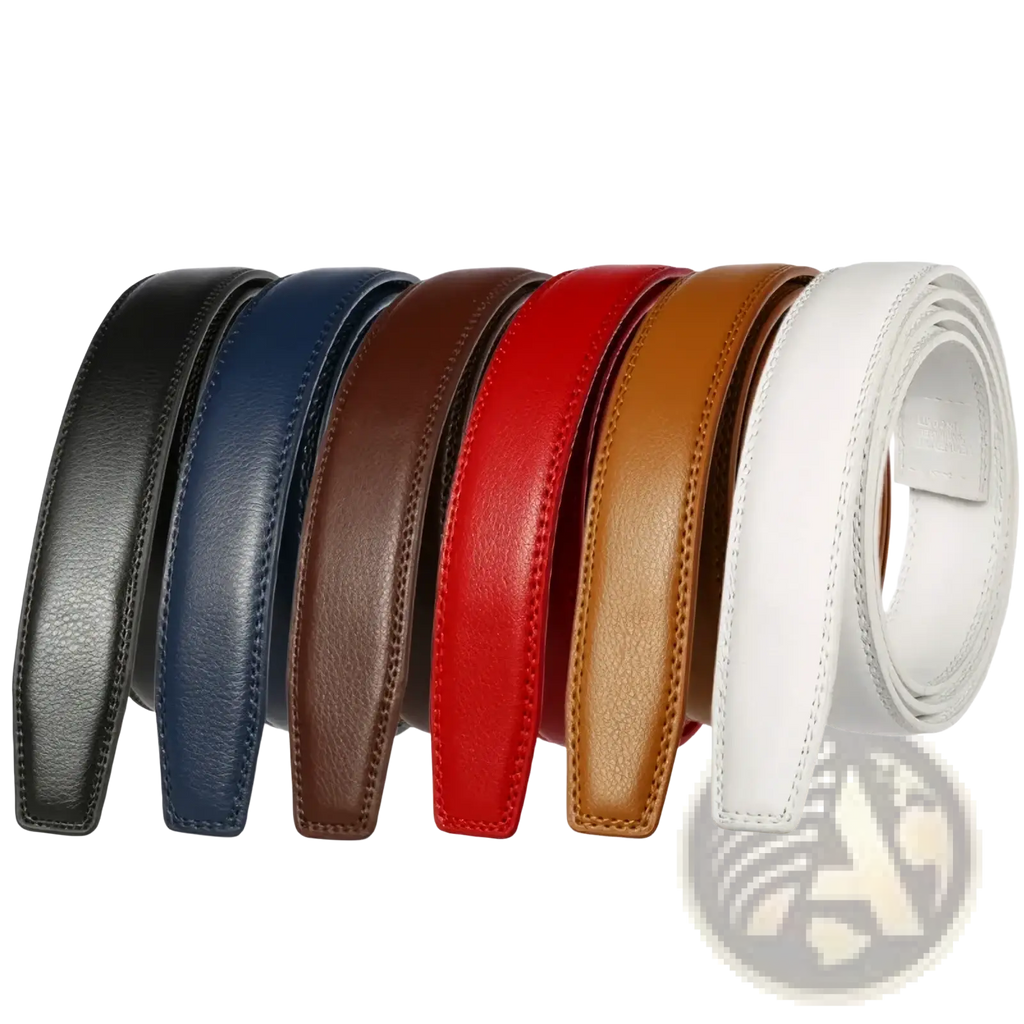 A collection of mens genuine leather belt straps in black navy blue brown red tan and white 3.1cm wide