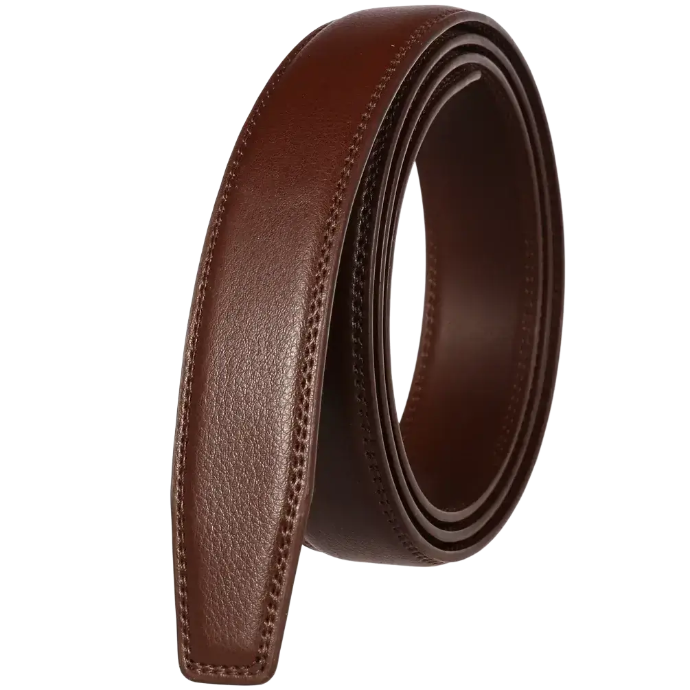 A rich brown genuine leather belt strap 3.1cm with smooth textured surface and precise edge stitching