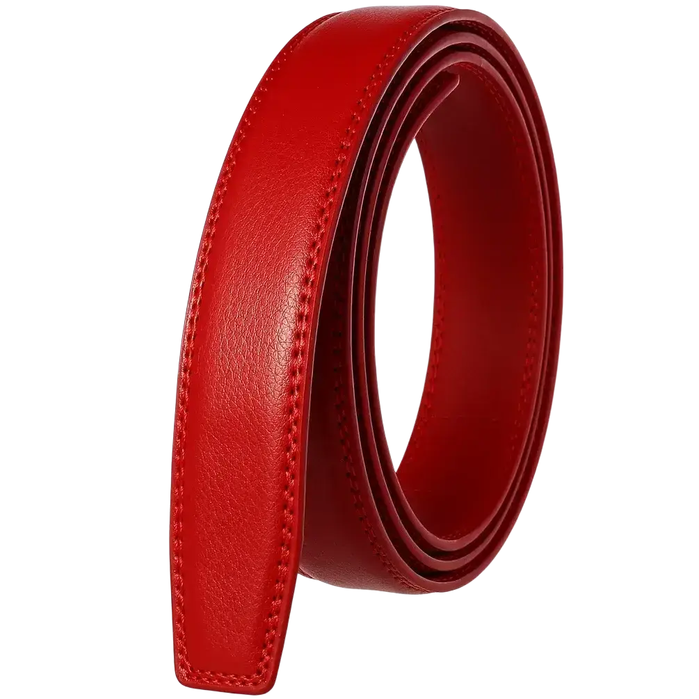 Mens genuine leather belt strap 3.1cm in vibrant red with smooth texture and precise stitching along edges