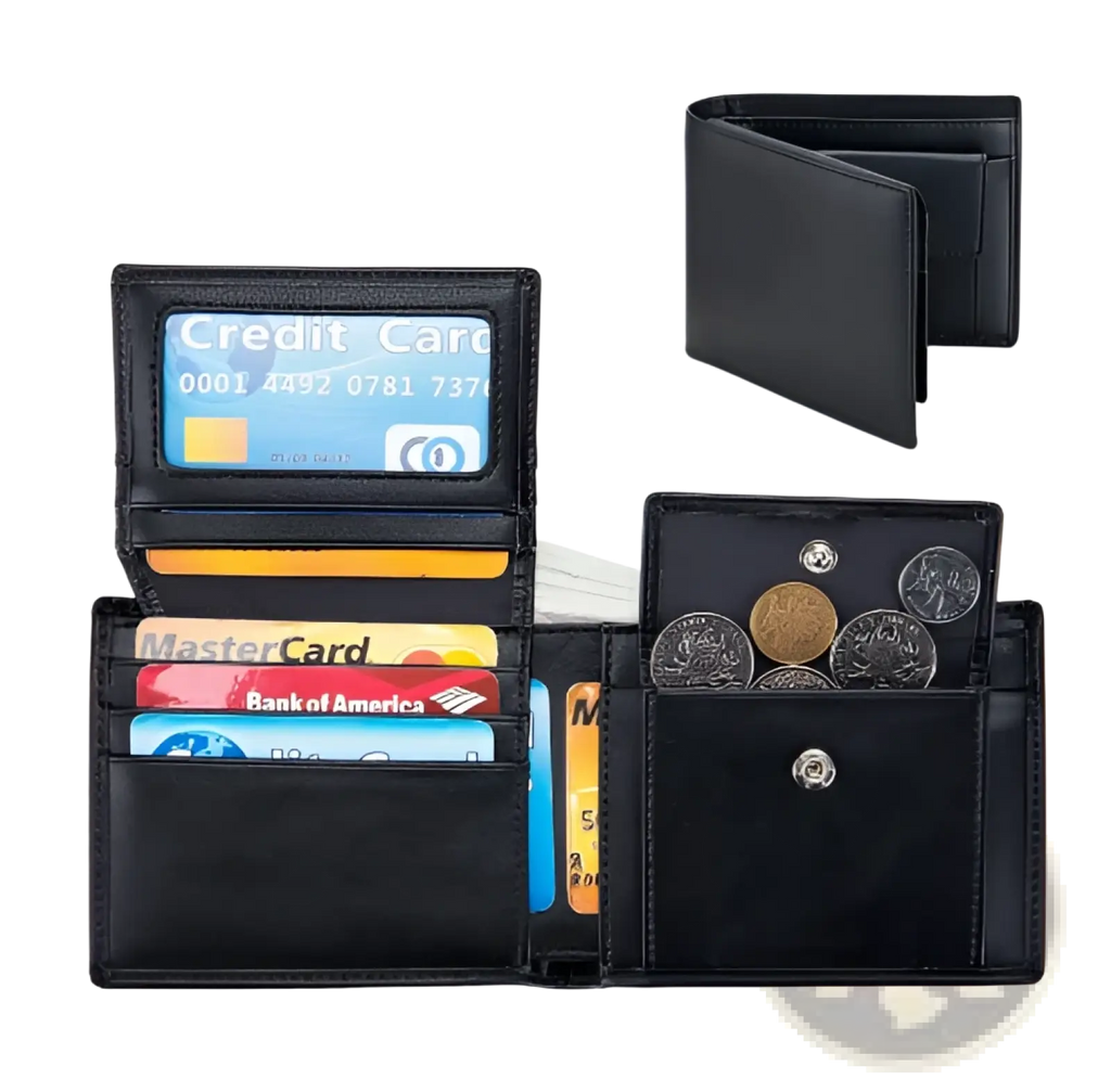 Men’s genuine leather bifold wallet in black with multiple card slots coin compartment and minimalist design