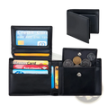 Men’s genuine leather bifold wallet in black with multiple card slots coin compartment and minimalist design
