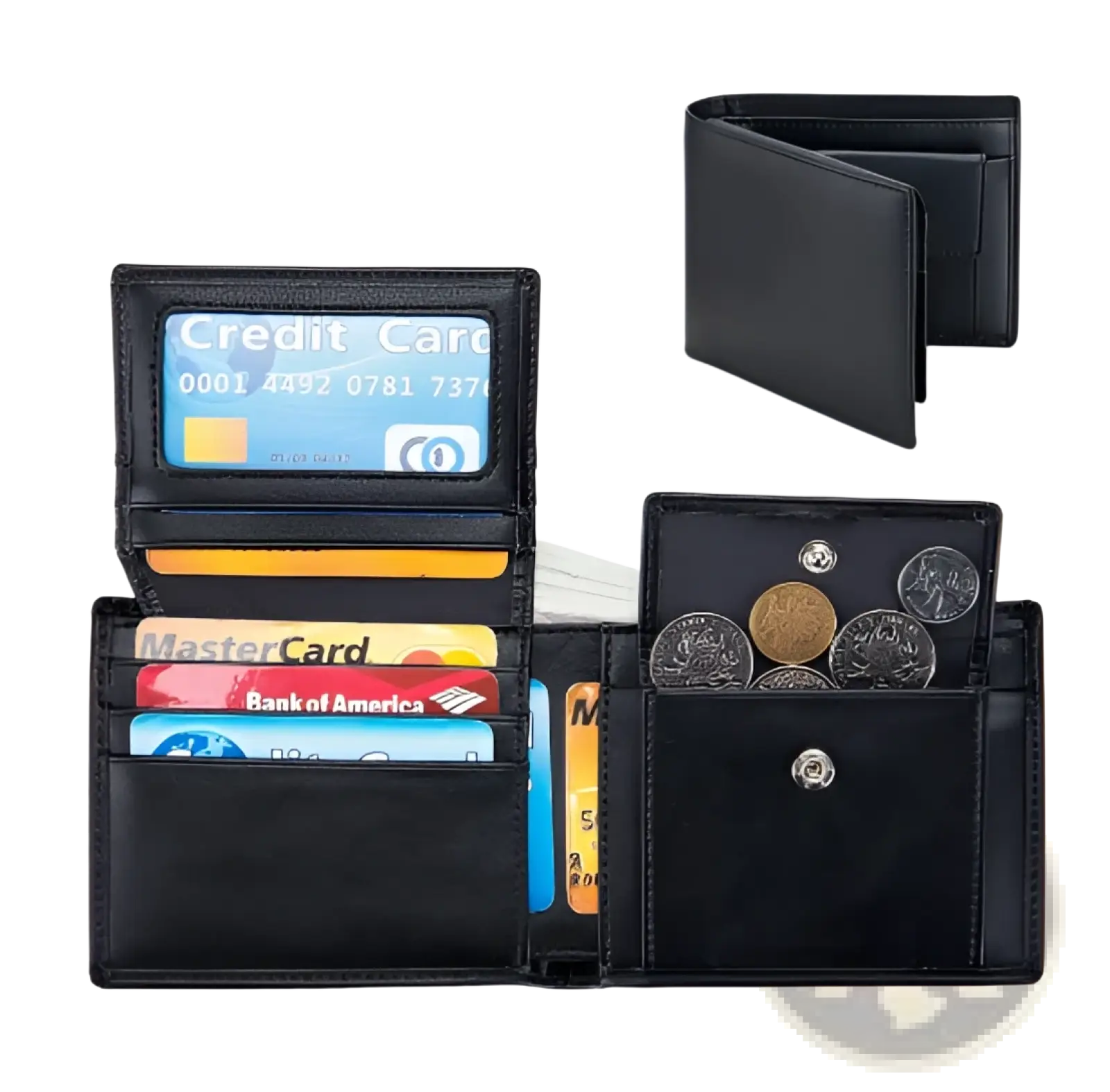 Men’s genuine leather bifold wallet in black with multiple card slots coin compartment and minimalist design
