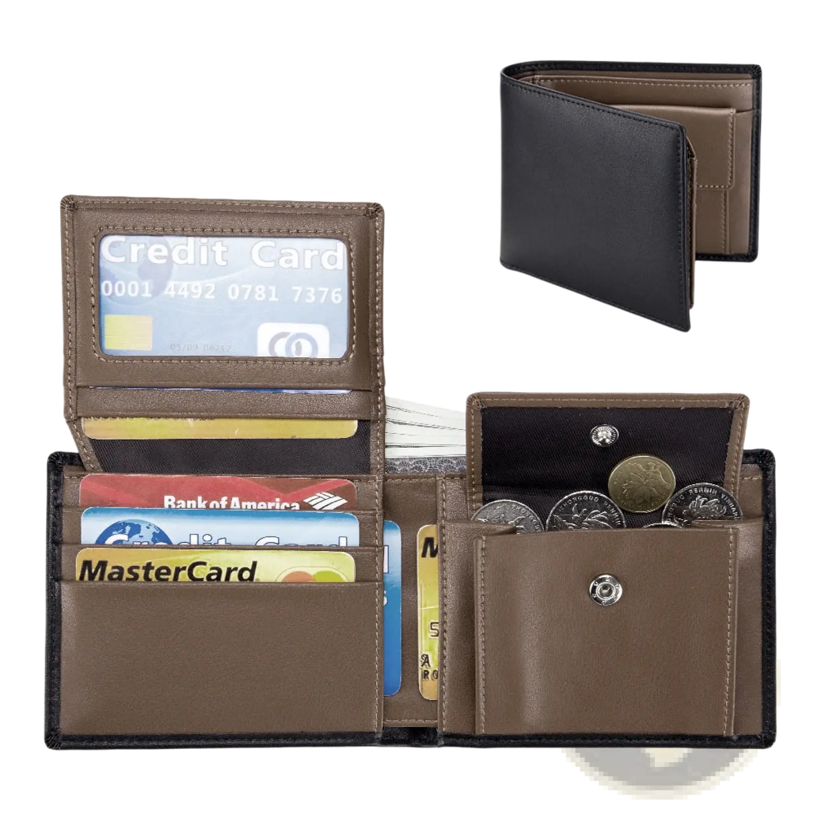 Men’s genuine leather bifold wallet with brown leather, black trim, silver snap closures, and coin pocket