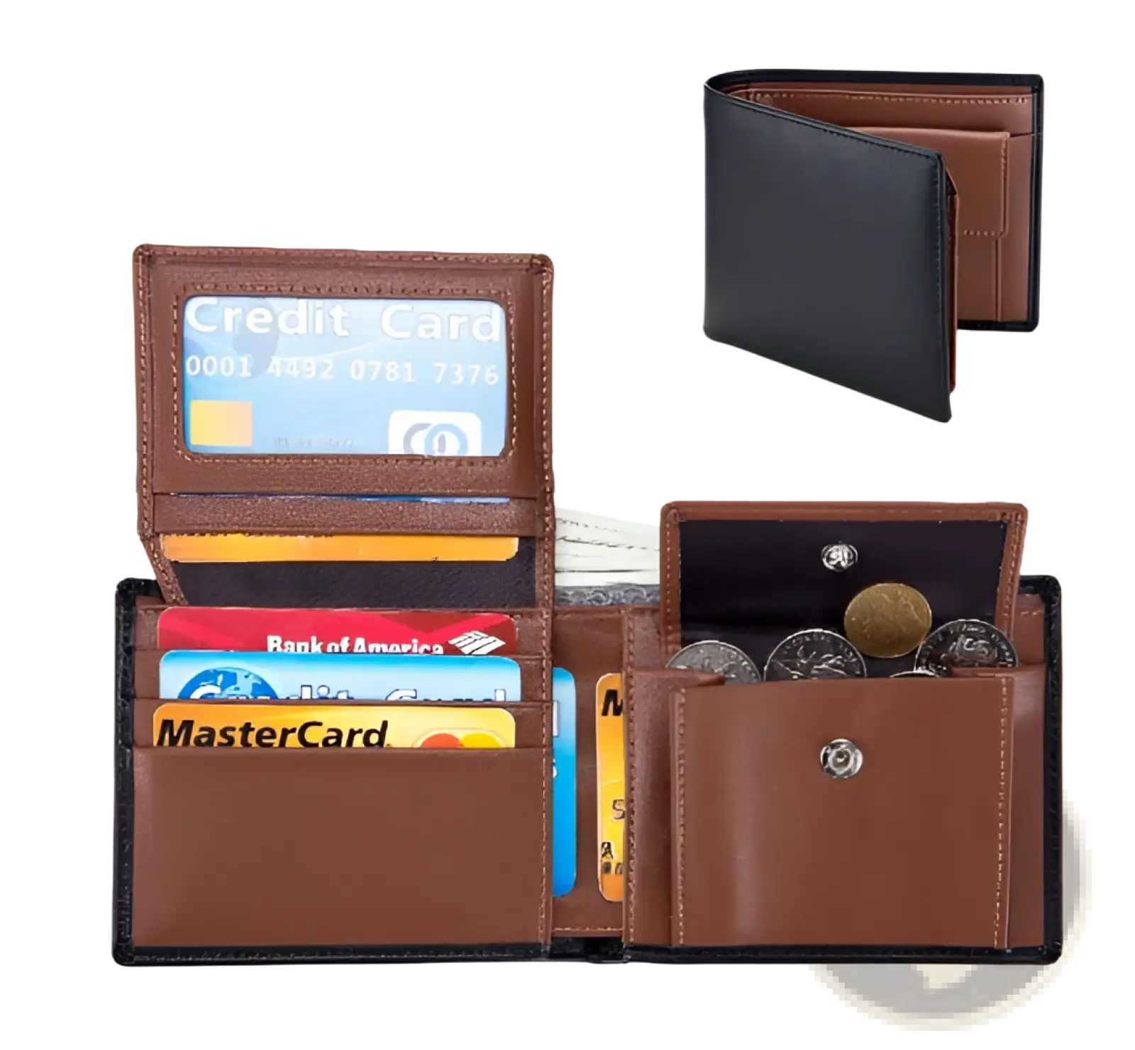 Men’s genuine brown leather bifold wallet with coin pocket multiple card slots and detailed stitching