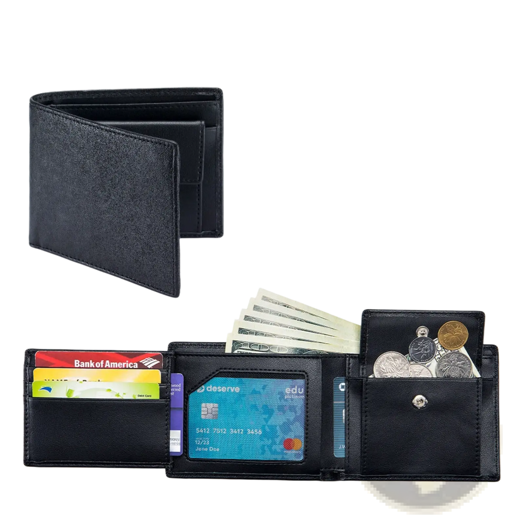 Black genuine leather bifold wallet for men with card slots cash compartment and coin pocket