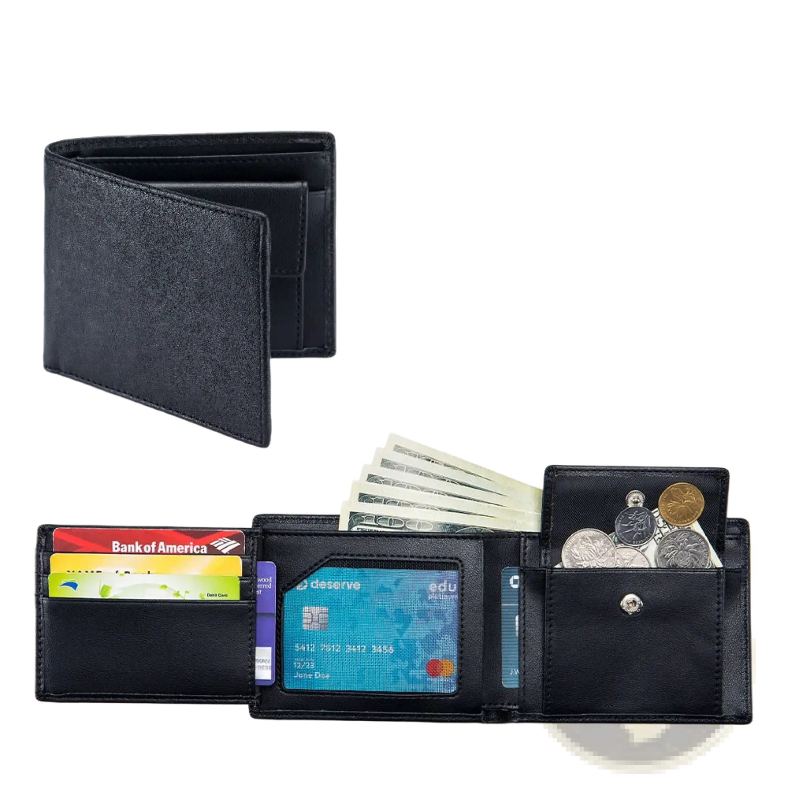 Black genuine leather bifold wallet for men with card slots cash compartment and coin pocket