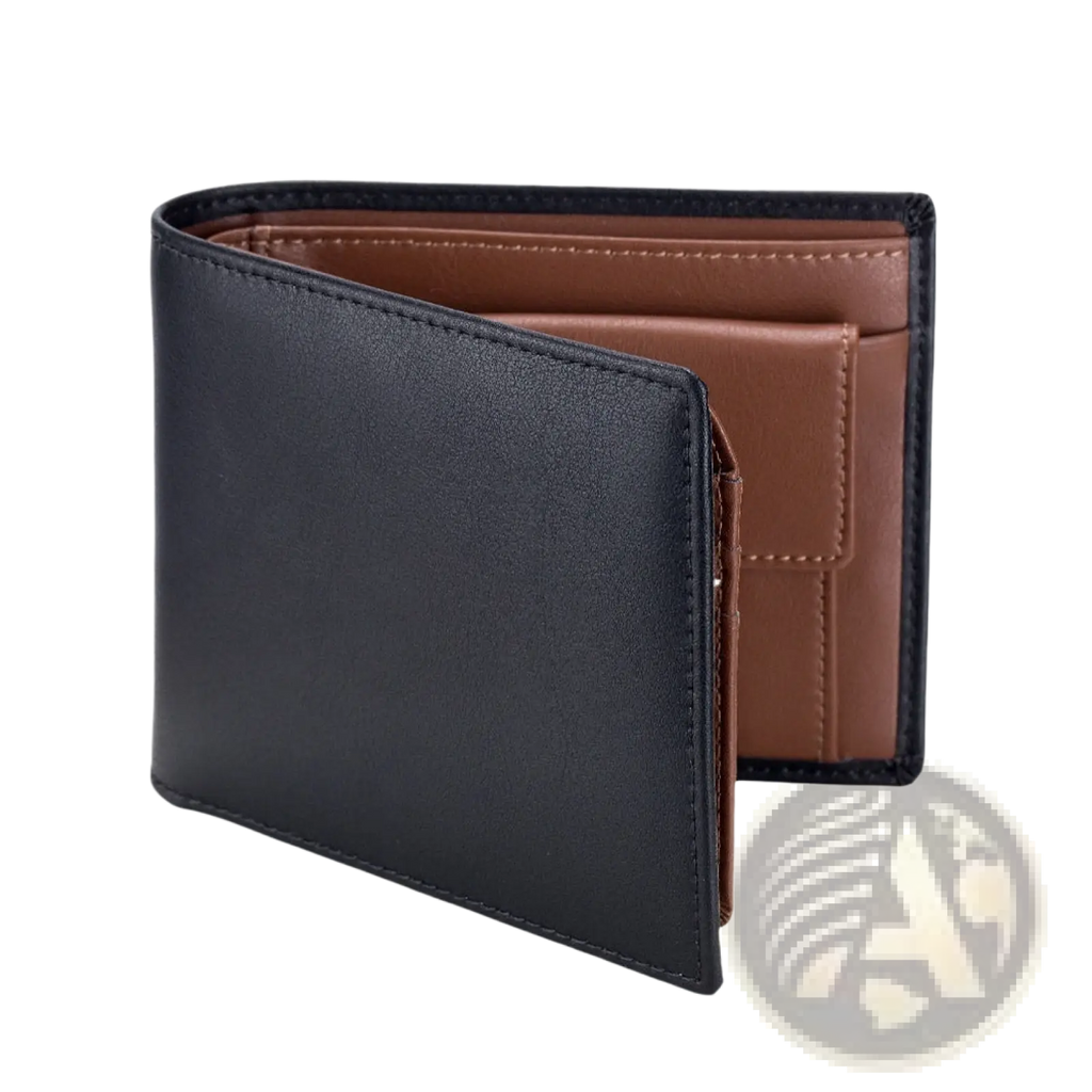 Men’s genuine leather bifold wallet in black with brown interior and contrasting stitching featuring a coin pocket