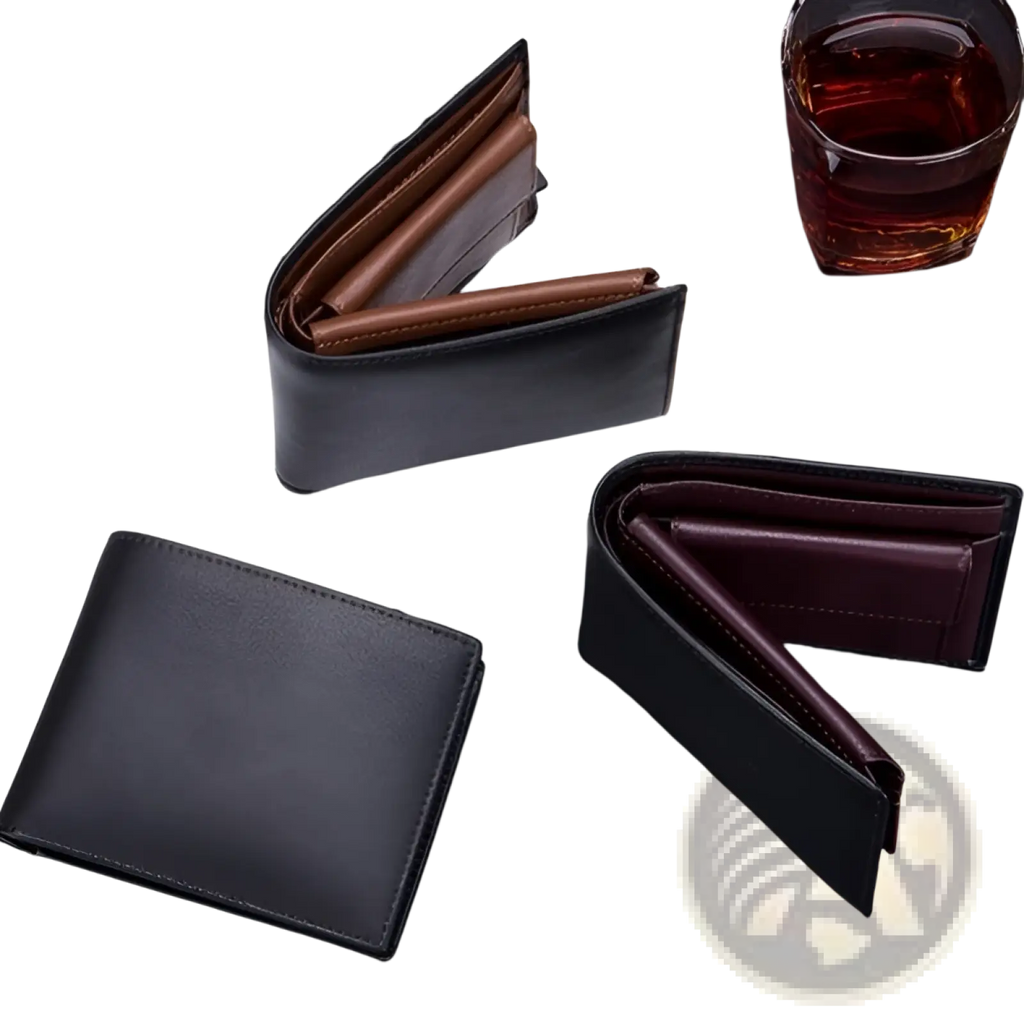 Black genuine leather bifold men’s wallet with brown interior lining and coin pocket for secure storage