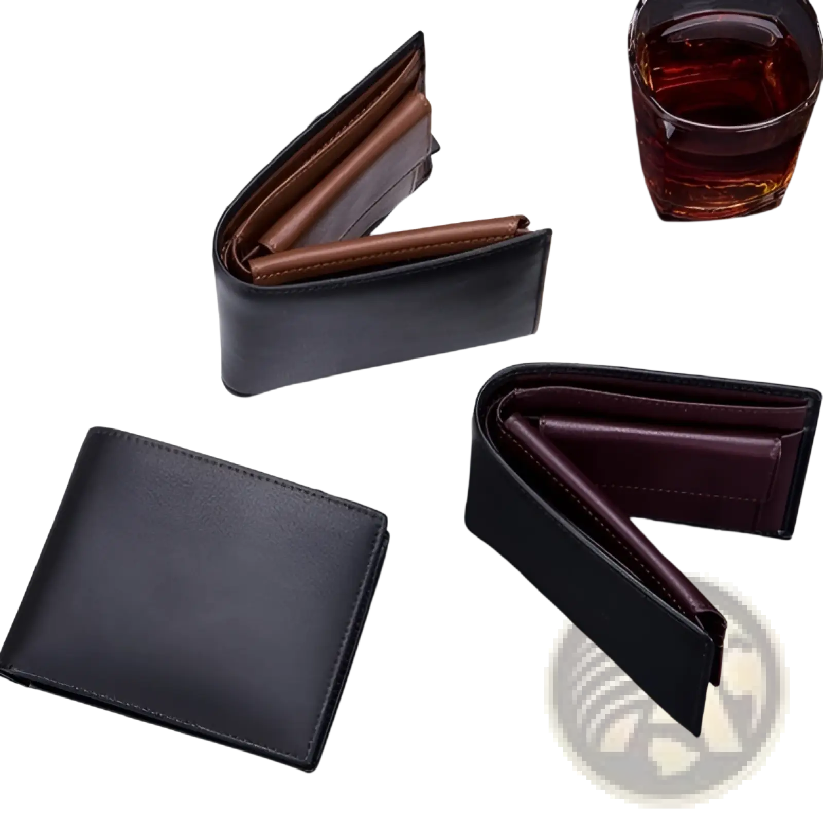 Black genuine leather bifold men’s wallet with brown interior lining and coin pocket for secure storage