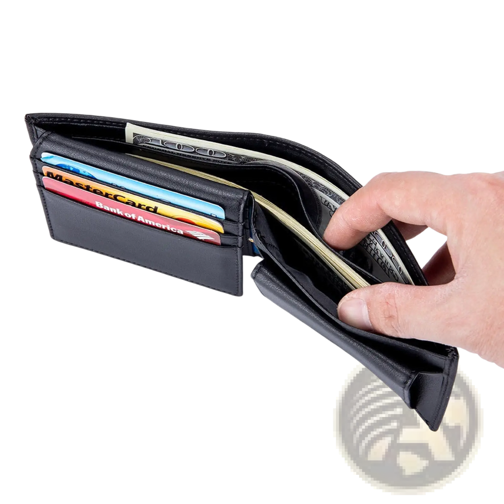 Men’s genuine black leather bifold wallet with coin pocket partially open showing card slots and bill compartment