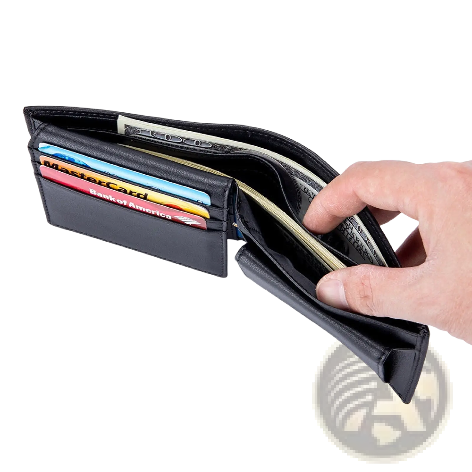 Men’s genuine black leather bifold wallet with coin pocket partially open showing card slots and bill compartment