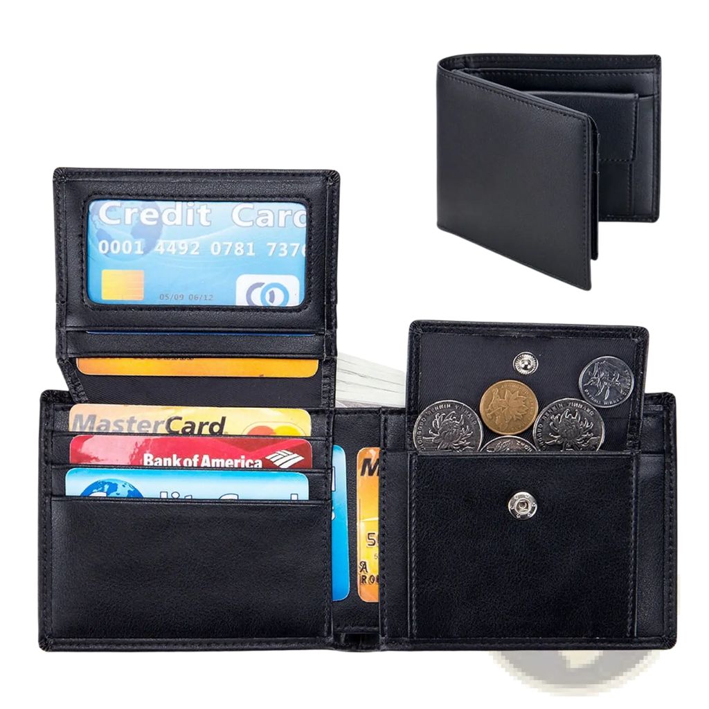 Men’s genuine black leather bifold wallet with multiple card slots coin compartment and visible stitching