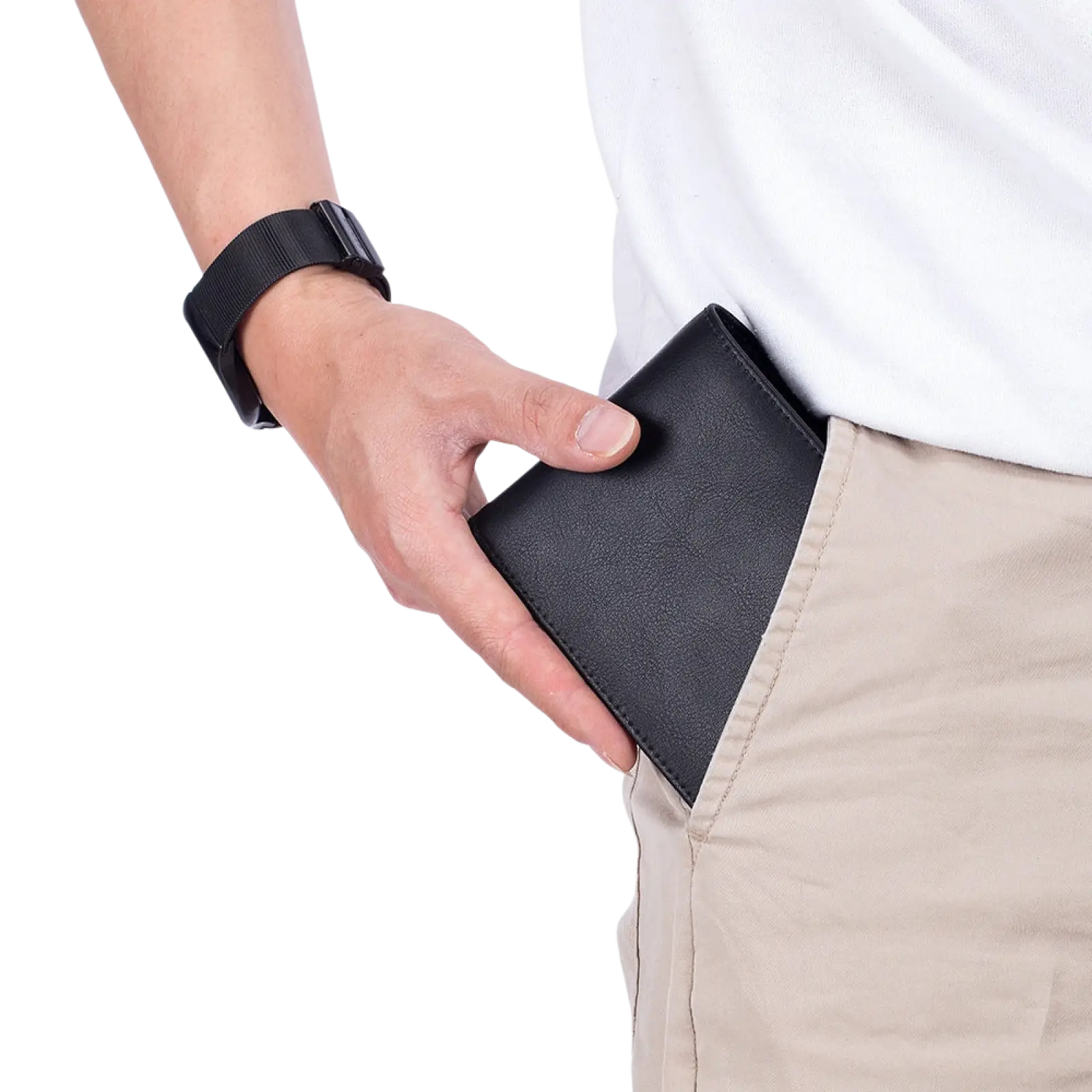 Black textured leather men’s bifold wallet with coin pocket held in hand showcasing genuine craftsmanship