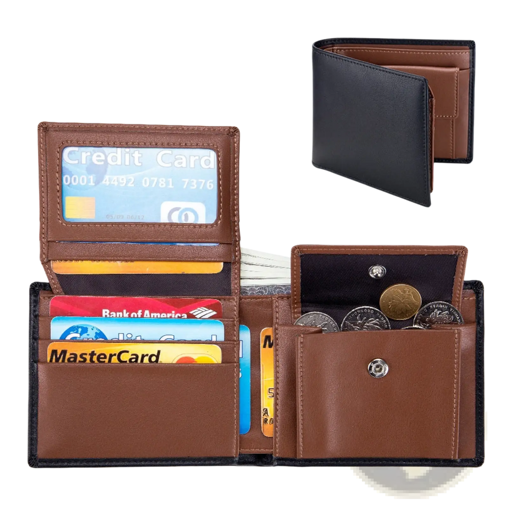 Men’s genuine leather bifold wallet in brown with black trim and silver-toned snap buttons and coin pocket
