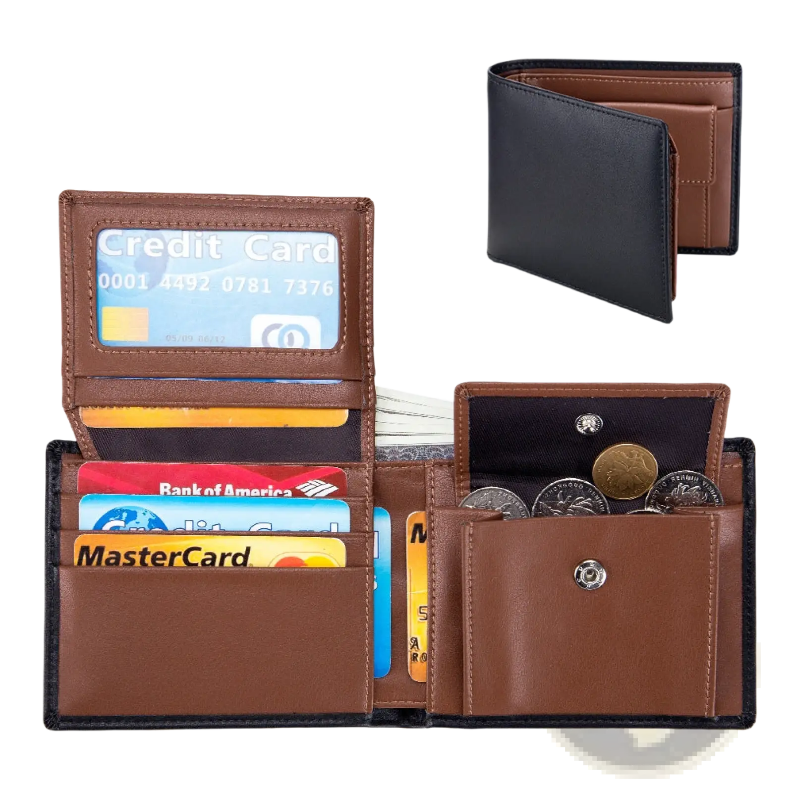 Men’s genuine leather bifold wallet in brown with black trim and silver-toned snap buttons and coin pocket