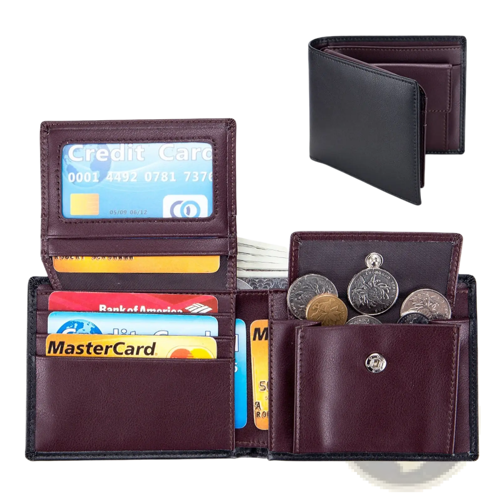 A maroon genuine leather men’s bifold wallet with black stitched edges, card slots, and a coin pocket