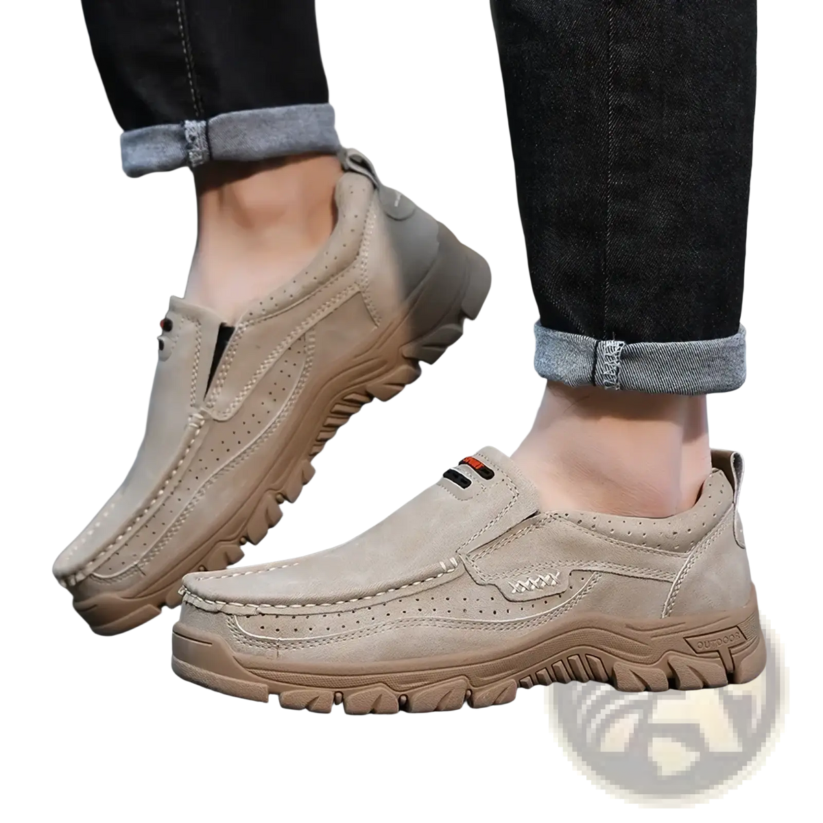 Beige suede men’s genuine leather casual walking loafers size 50 with rugged rubber sole and perforated detailing