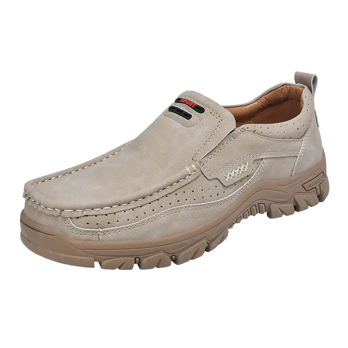 Men’s genuine leather beige suede slip-on casual walking loafers with textured rubber sole and perforated detailing size 50
