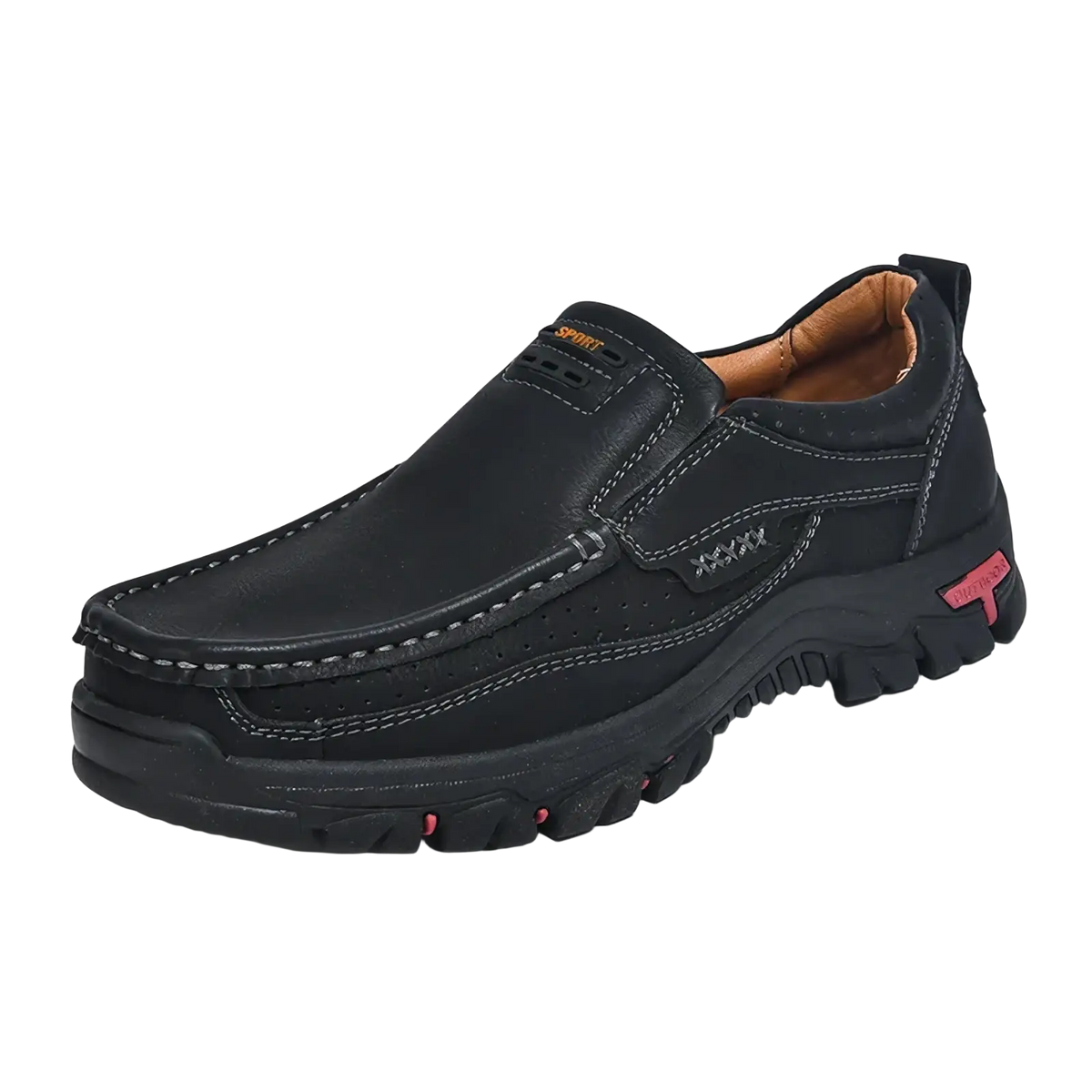 Men’s genuine leather black slip-on casual walking loafers with white stitching, rugged sole, and sport brand heel detail