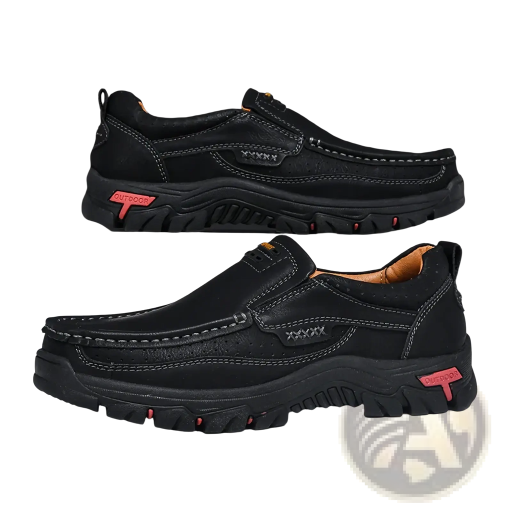 Men’s genuine leather casual walking loafers size 50 in black with red branding and a rugged slip-on rubber sole