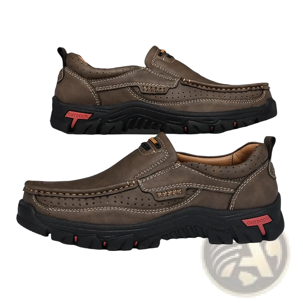 Men’s genuine leather casual walking loafers size 50 in brown with perforated slip-on design and black rubber soles with red outdoor branding
