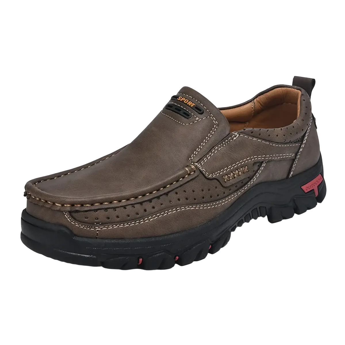 Brown leather slip-on men’s genuine leather casual walking loafers with perforated detailing and black rubber sole size 50