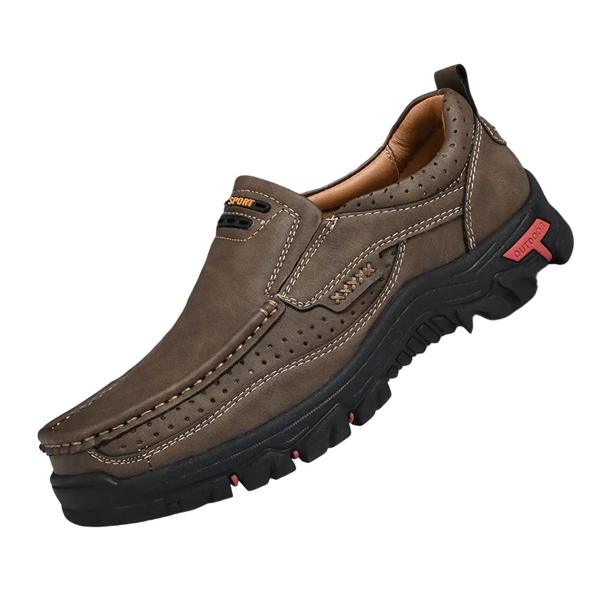 Men’s genuine brown leather casual walking loafers with perforated detailing and black rubber sole size 50