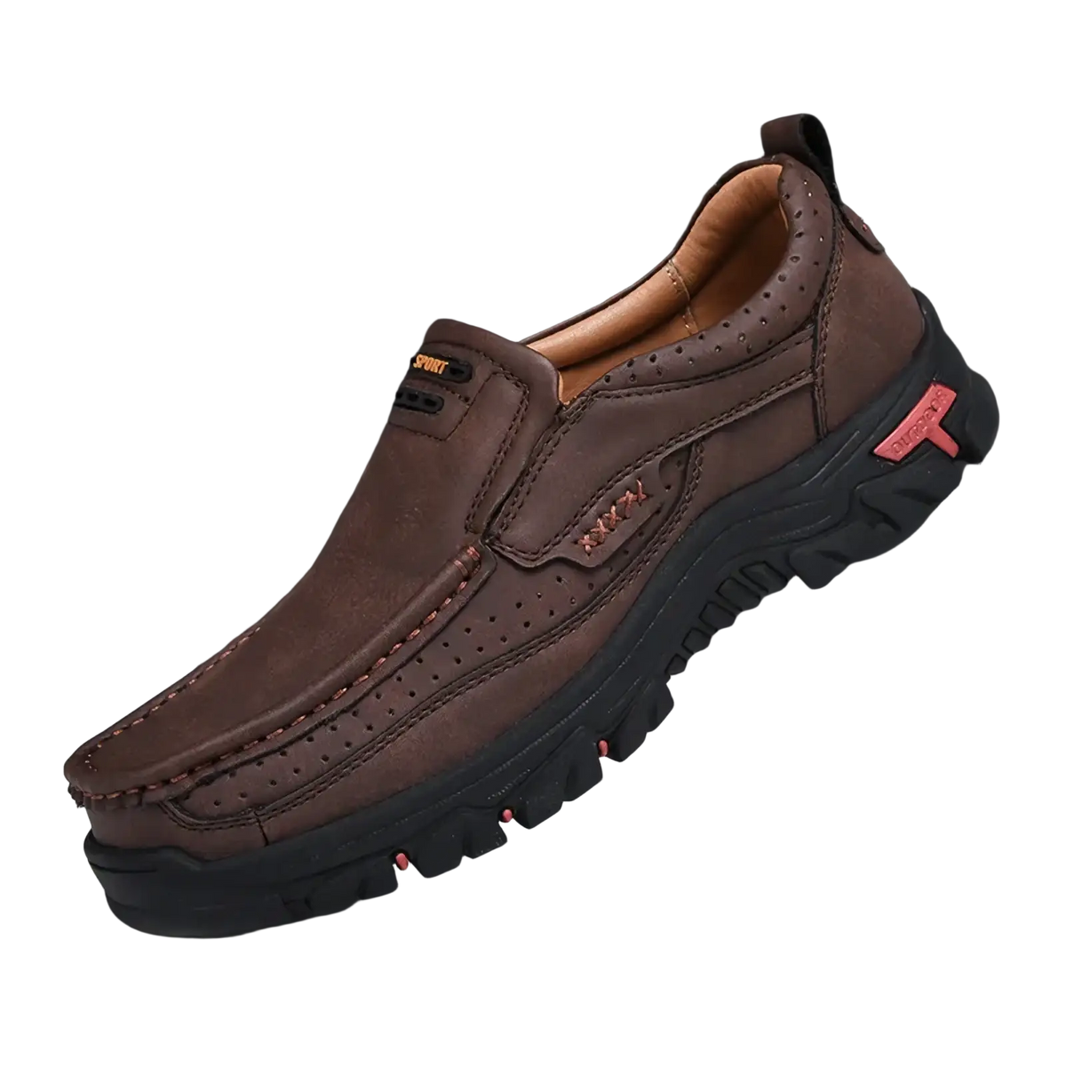 Men’s genuine leather casual walking loafers in brown with perforated detailing and black rubber sole with red stitching