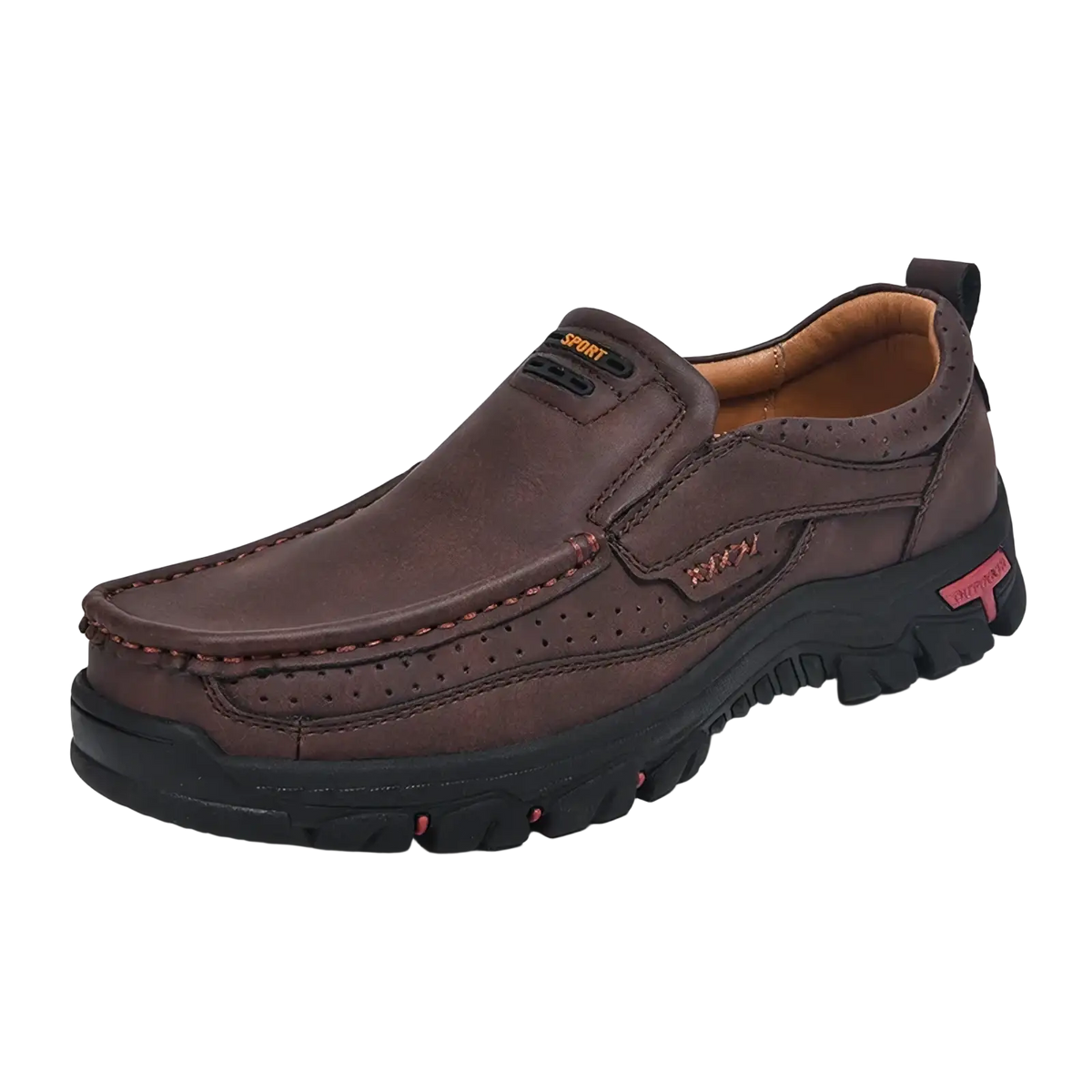 Men’s genuine leather casual walking loafers in brown with black rubber sole and red stitching size 50
