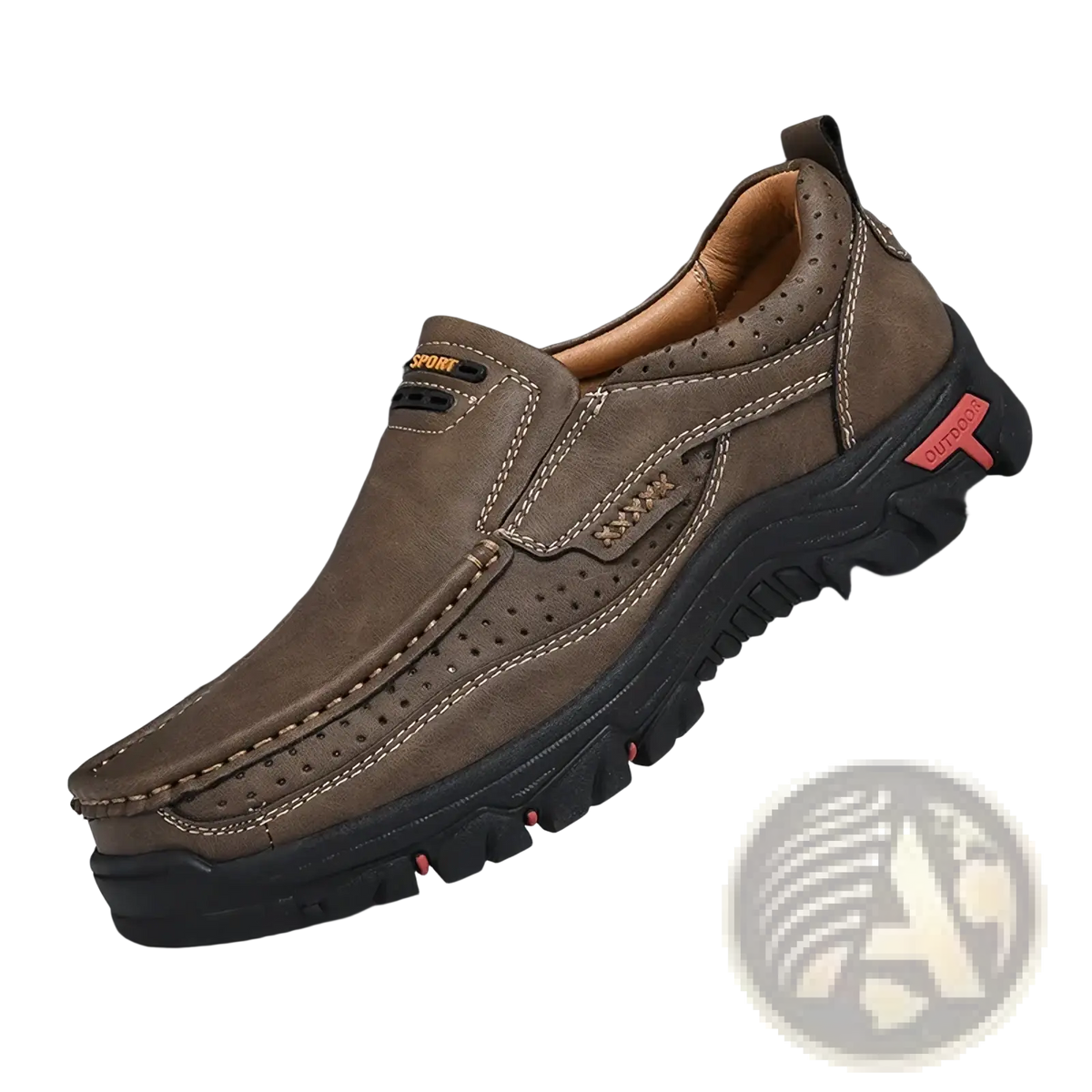 Men’s genuine brown leather casual walking loafers with perforated detailing and black rubber sole size 50