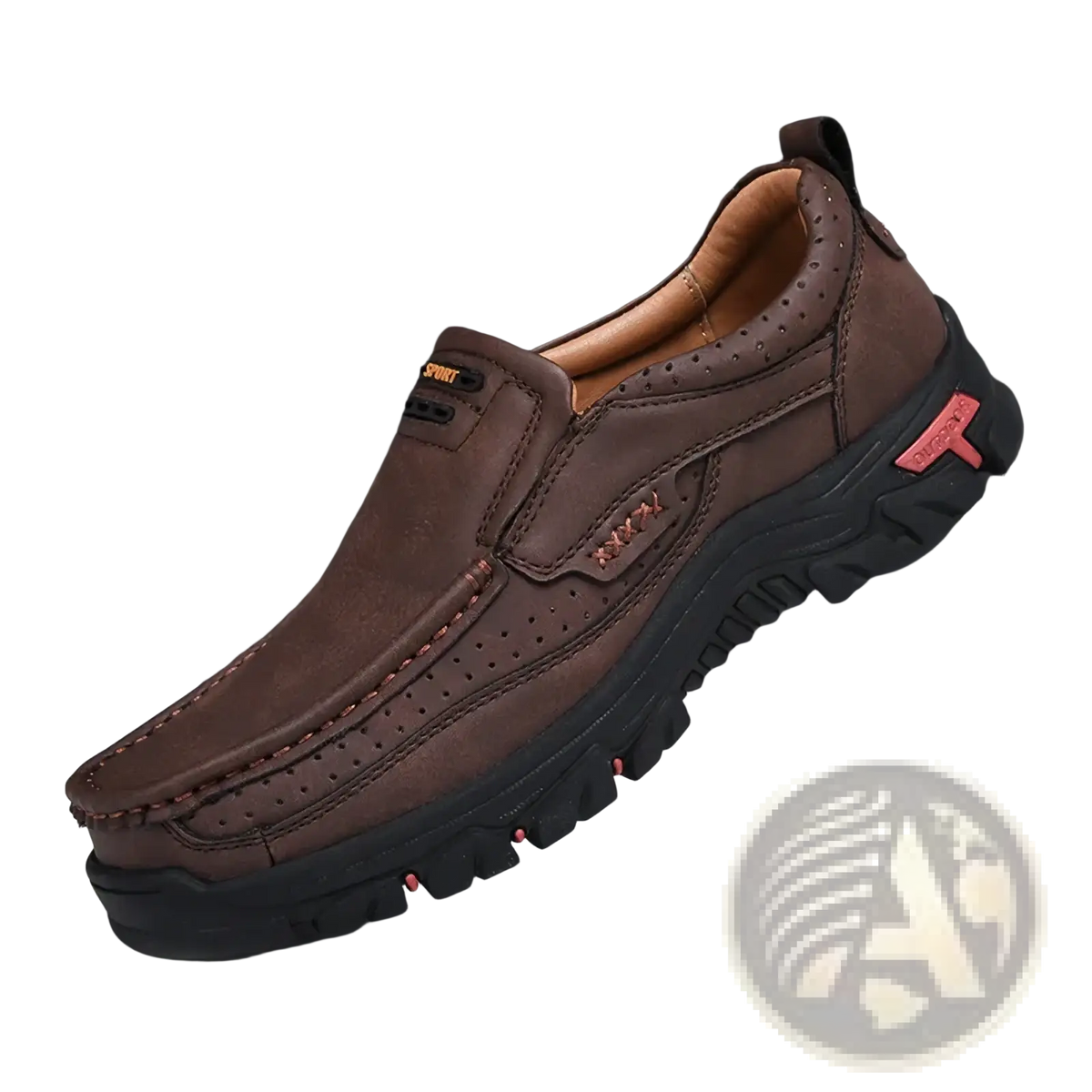 Men’s genuine leather casual walking loafers in brown with perforated detailing and black rubber sole with red stitching