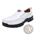 Men’s genuine leather casual walking loafers in white with black rubber sole and red accent details size 50