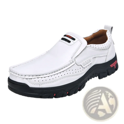 Men’s genuine leather casual walking loafers in white with black rubber sole and red accent details size 50