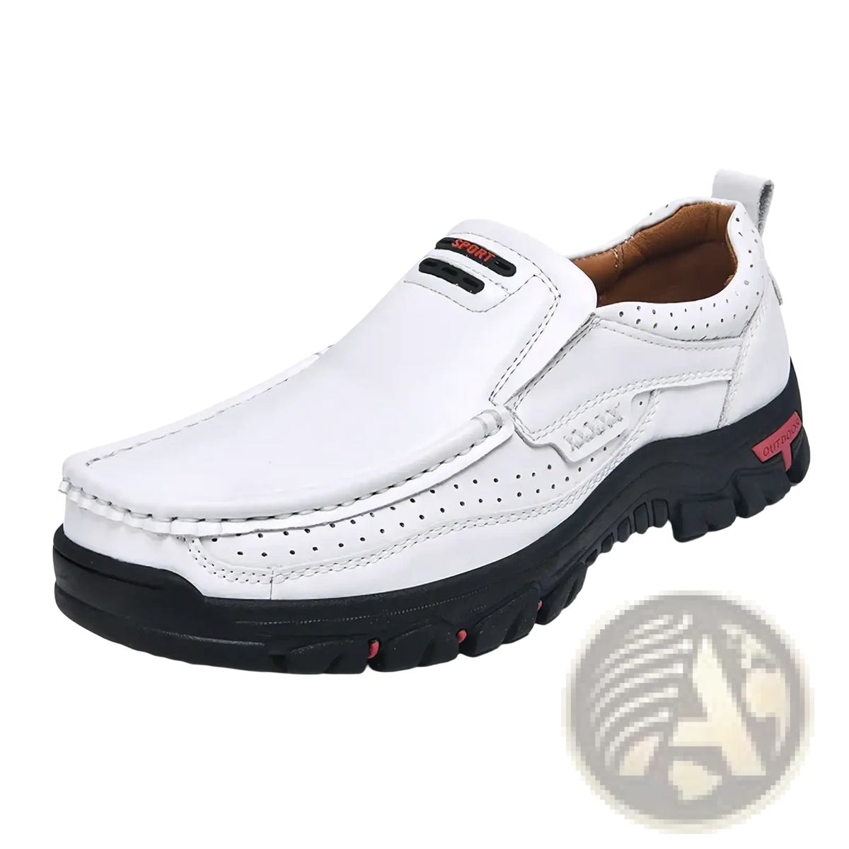Men’s genuine leather casual walking loafers in white with black rubber sole and red accent details size 50