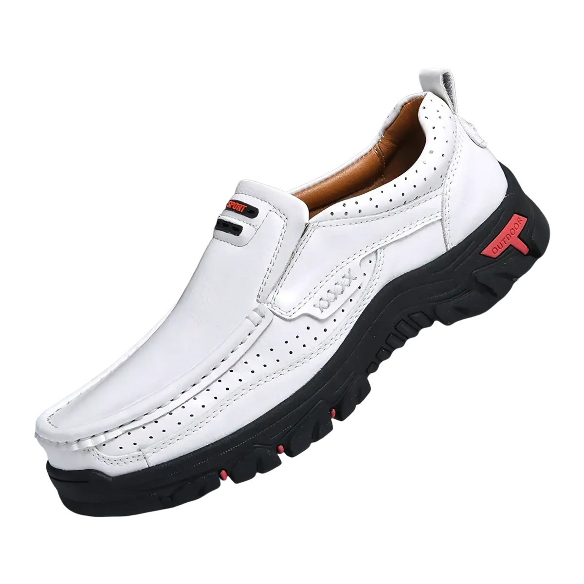 Men’s genuine leather casual walking loafers in white with black rubber sole and red accent details size 50