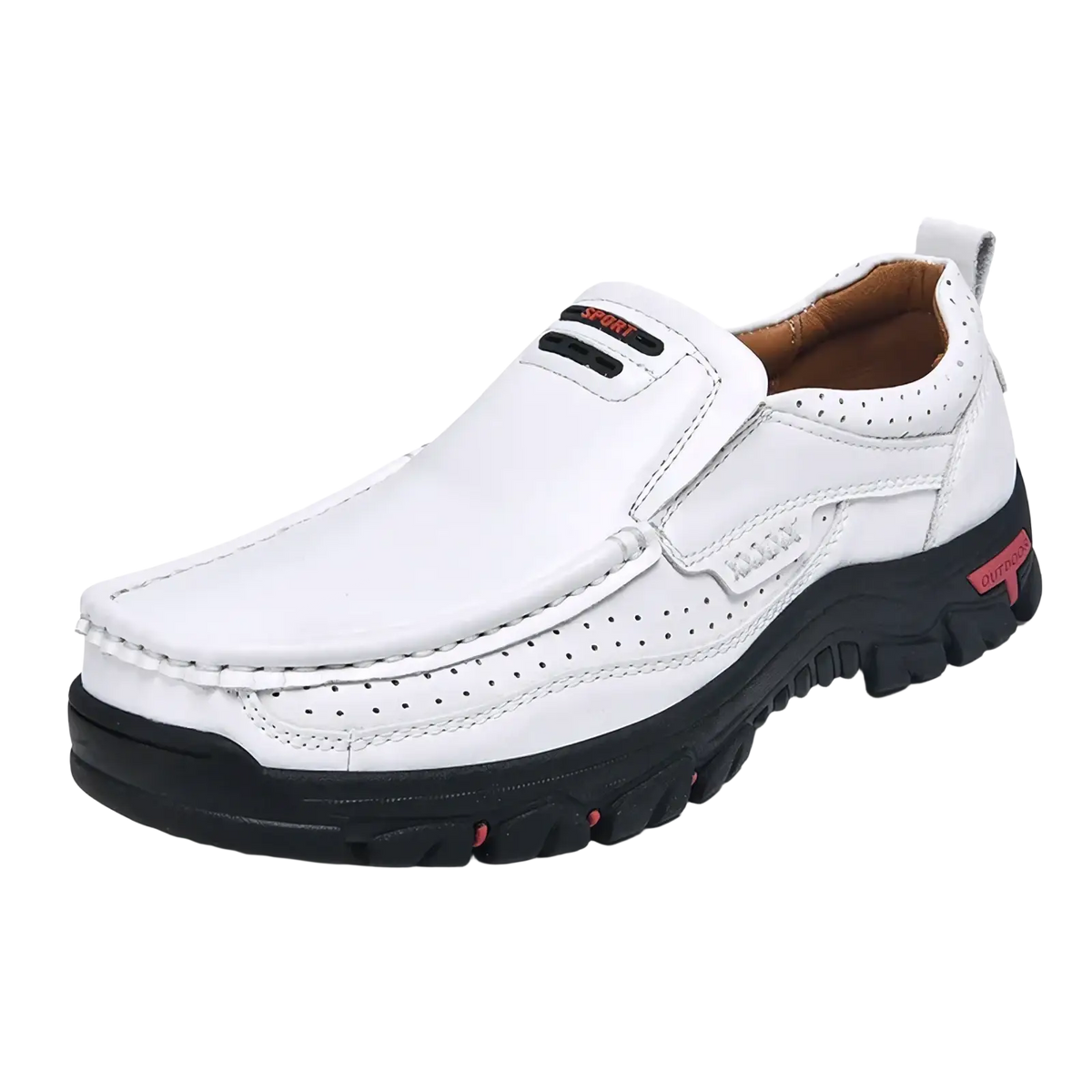 Men’s genuine leather casual walking loafers in white with black rubber sole and red accent details size 50